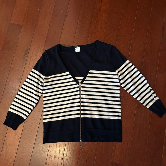 J.crew Black White Stripe Cardigan W/ Zipper, Size S 100% Merino Wool excellent - Picture 4 of 9